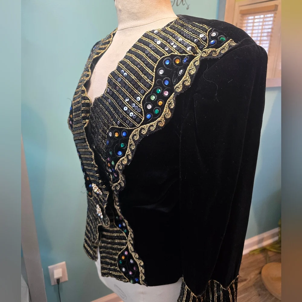 Exquisite Black Velvet Embellished Julie Duroche Jacket - Picture 2 of 9